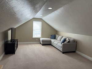 Living area featuring light carpet, baseboards, and a textured ceiling
