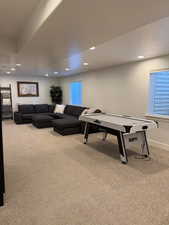 Rec room with recessed lighting, carpet floors, and baseboards