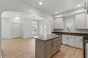 Kitchen featuring light wood finished floors, arched walkways, a sink, and stainless steel appliances