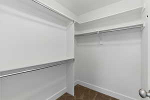 Spacious closet with dark carpet