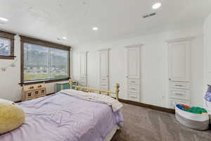 Bedroom featuring visible vents, baseboards, carpet, and recessed lighting