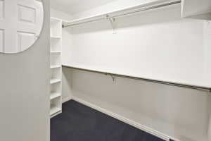 Spacious closet featuring dark colored carpet