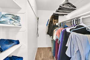 Walk in closet with carpet flooring
