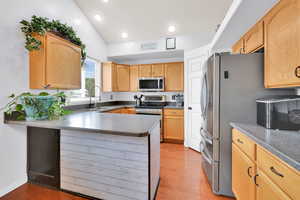 Kitchen featuring a sink, light brown cabinetry, light wood-type flooring, a peninsula, and appliances with stainless steel finishes