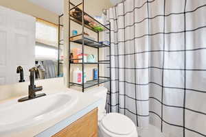 Full bathroom featuring a shower with shower curtain, toilet, and vanity