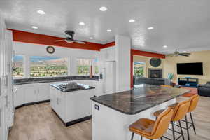 Kitchen featuring recessed lighting, a kitchen island, ceiling fan, and built in fridge