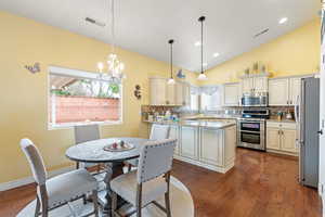 Kitchen with stainless steel appliances, visible vents, backsplash, and dark wood-style flooring