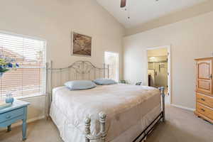 Bedroom featuring baseboards, high vaulted ceiling, light colored carpet, and multiple windows