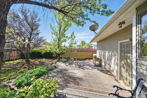 Wooden deck with a fenced backyard