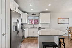 Kitchen with a sink, tasteful backsplash, a textured ceiling, appliances with stainless steel finishes, and white cabinetry