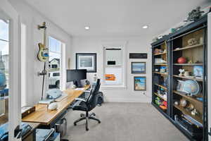Office with baseboards, carpet, and recessed lighting