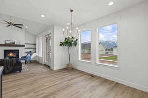 Dining space with recessed lighting, light wood-type flooring, visible vents, and baseboards
