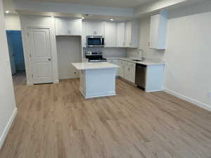 Kitchen with light wood-style floors, baseboards, stainless steel appliances, and a sink