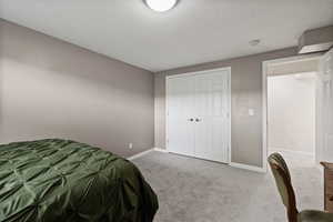 Carpeted bedroom with baseboards, a textured ceiling, and a closet