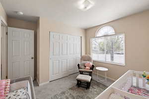 Carpeted bedroom featuring a crib, baseboards, and a closet