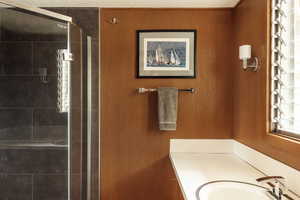 Full bathroom with vanity and a stall shower