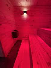 View of a relaxing sauna and recessed lighting