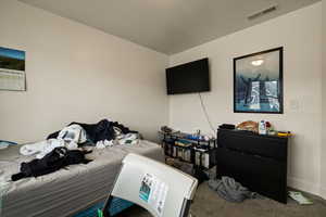 Bedroom with baseboards, visible vents, and carpet flooring