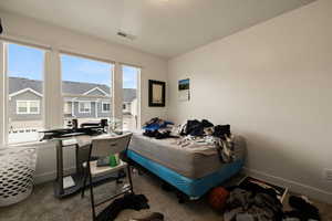 Carpeted bedroom featuring visible vents