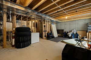 Unfinished below grade area featuring refrigerator