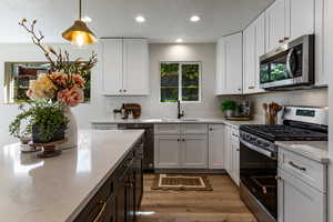 Kitchen featuring white cabinets, a sink, recessed lighting, light wood-style floors, and appliances with stainless steel finishes