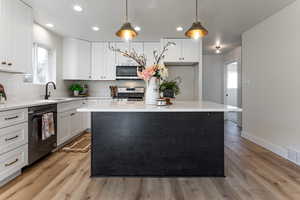 Kitchen featuring recessed lighting, light wood-type flooring, appliances with stainless steel finishes, and a sink