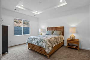 Carpeted bedroom featuring baseboards, a tray ceiling, visible vents, and recessed lighting