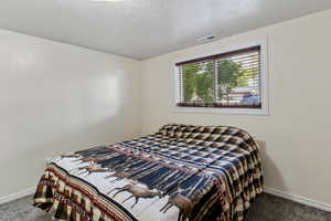 Carpeted bedroom with baseboards, a textured ceiling, and visible vents