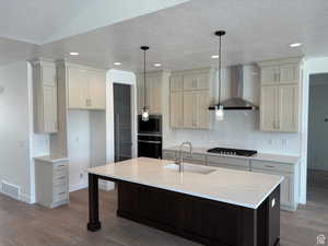 Kitchen with a sink, decorative backsplash, wall chimney exhaust hood, appliances with stainless steel finishes, and visible vents