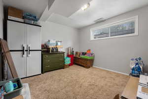 Recreation room with carpet floors, visible vents, and baseboards