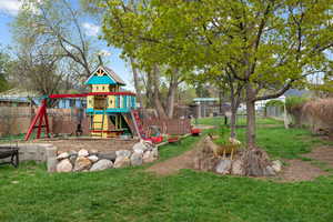 View of yard featuring a fenced backyard and a playground