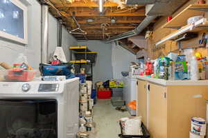 Unfinished below grade area with washer / dryer