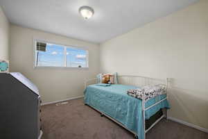Bedroom with visible vents, baseboards, and carpet