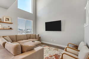 Living room with a wealth of natural light, a towering ceiling, wood finished floors, and baseboards