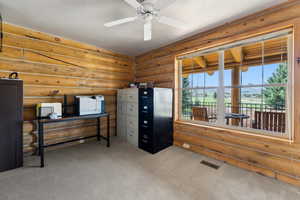 Carpeted bedroom featuring visible vents and rustic walls