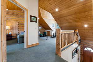 Additional living space featuring wood ceiling, carpet floors, lofted ceiling, and a healthy amount of sunlight
