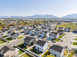 Drone / aerial view with a residential view and a mountain view