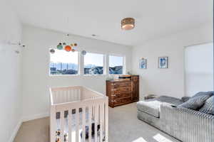 Carpeted bedroom featuring visible vents