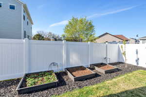 View of yard featuring a fenced backyard and a vegetable garden