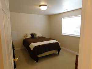 Carpeted bedroom featuring visible vents and baseboards