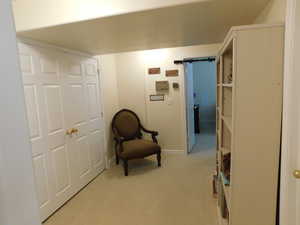 Living area featuring baseboards and light colored carpet