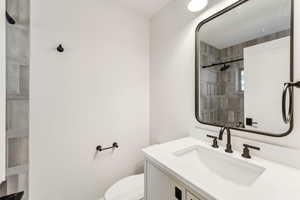 Full bathroom featuring toilet, vanity, and tiled shower