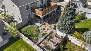 Bird's eye view of back yard and balcony