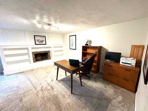 Carpeted office space or bedroom with fireplace, and closet/storage room