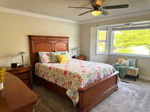 Bedroom with a ceiling fan, carpet flooring,  bay window and crown molding.