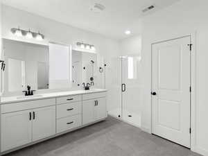 Full bathroom with double vanity, visible vents, a stall shower, and a sink