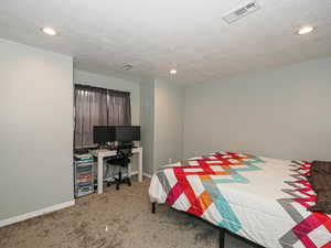 Carpeted bedroom featuring baseboards, a textured ceiling, visible vents, and recessed lighting