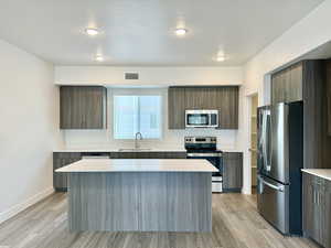 Kitchen with modern cabinets, visible vents, stainless steel appliances, and a sink