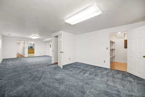 Finished basement featuring carpet floors, a textured ceiling, and baseboards