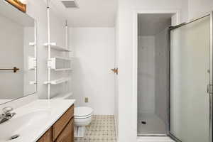 Full bath featuring a shower stall, tile patterned floors, visible vents, toilet, and vanity